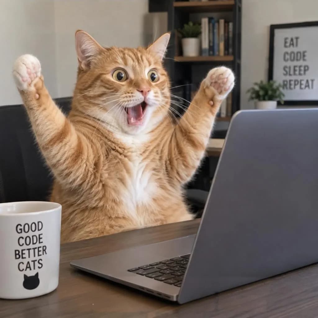 The same cat without the meme text; the words on the mug and the wall poster are still there