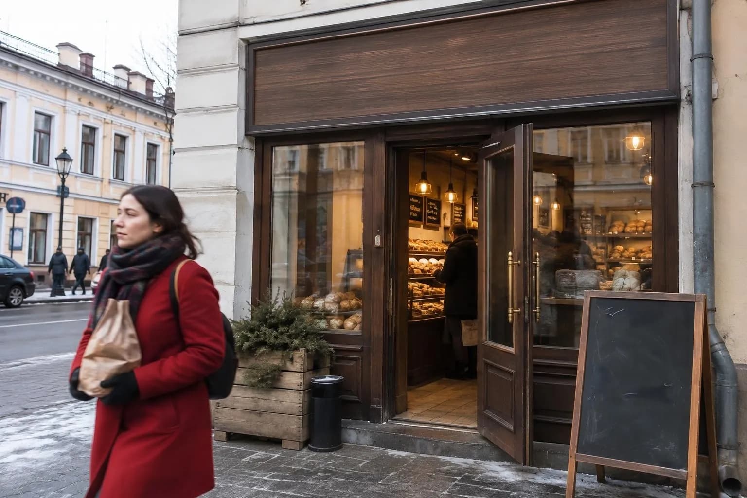 The same photo with a blank wooden sign, a clean chalkboard and no lettering on the window