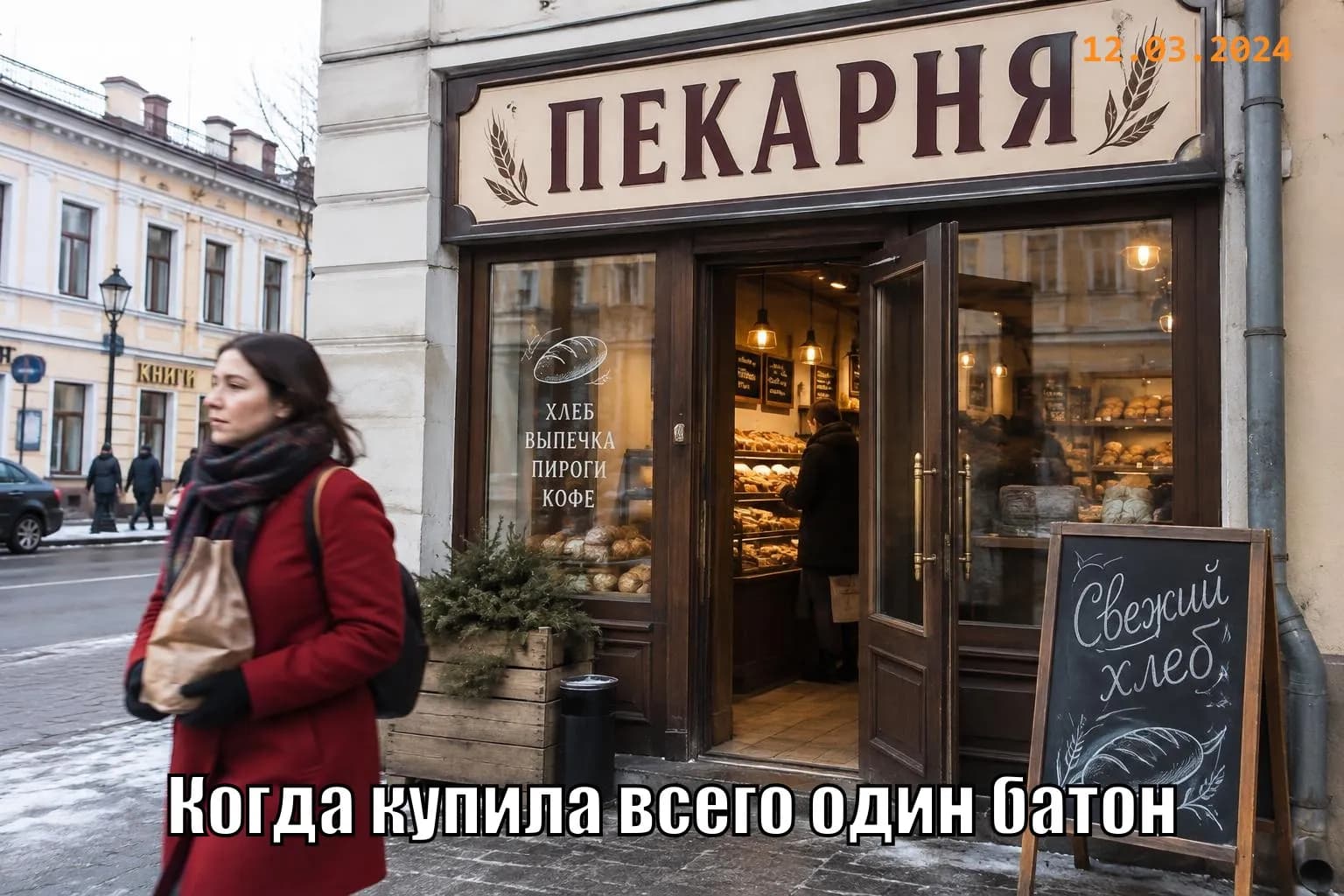 A street photo outside a bakery with a Russian meme caption along the bottom and a date in the corner; the shop sign and a chalkboard have lettering
