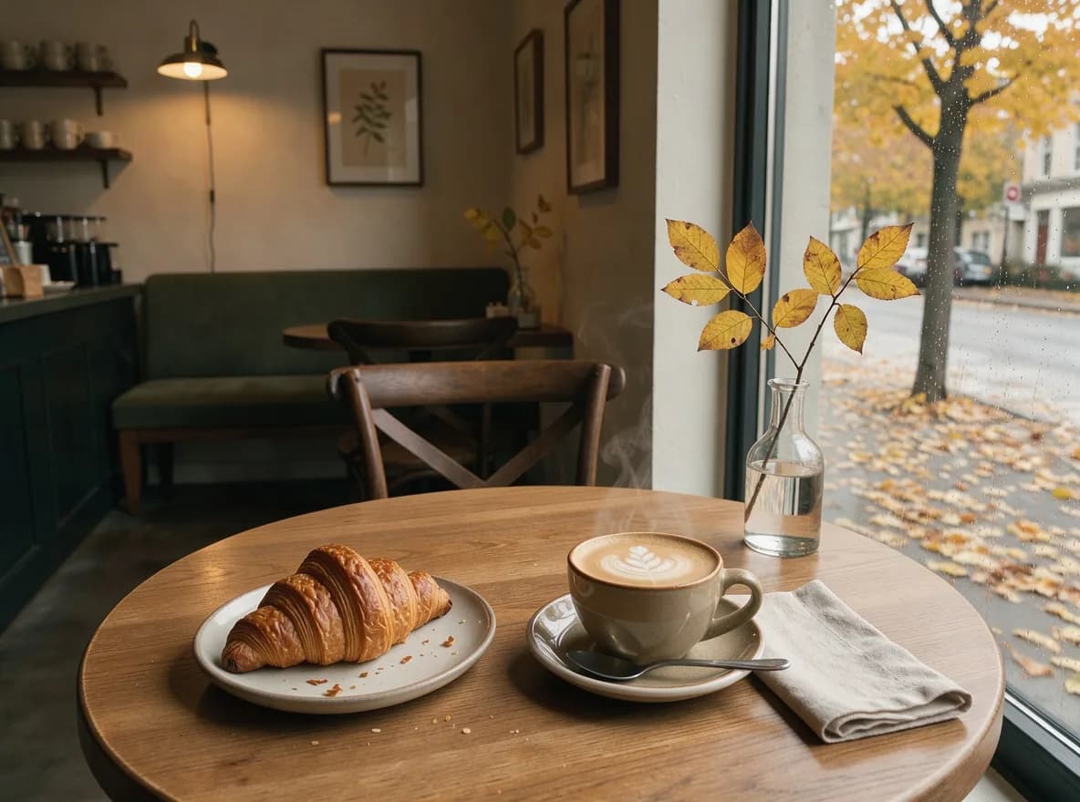 Round cafe table with a latte and croissant, autumn street through the window