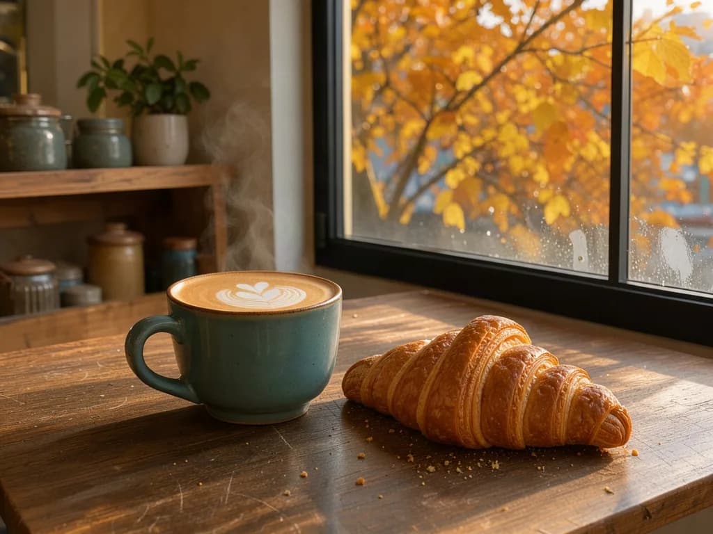 Green latte cup and croissant on a windowsill, yellow leaves outside