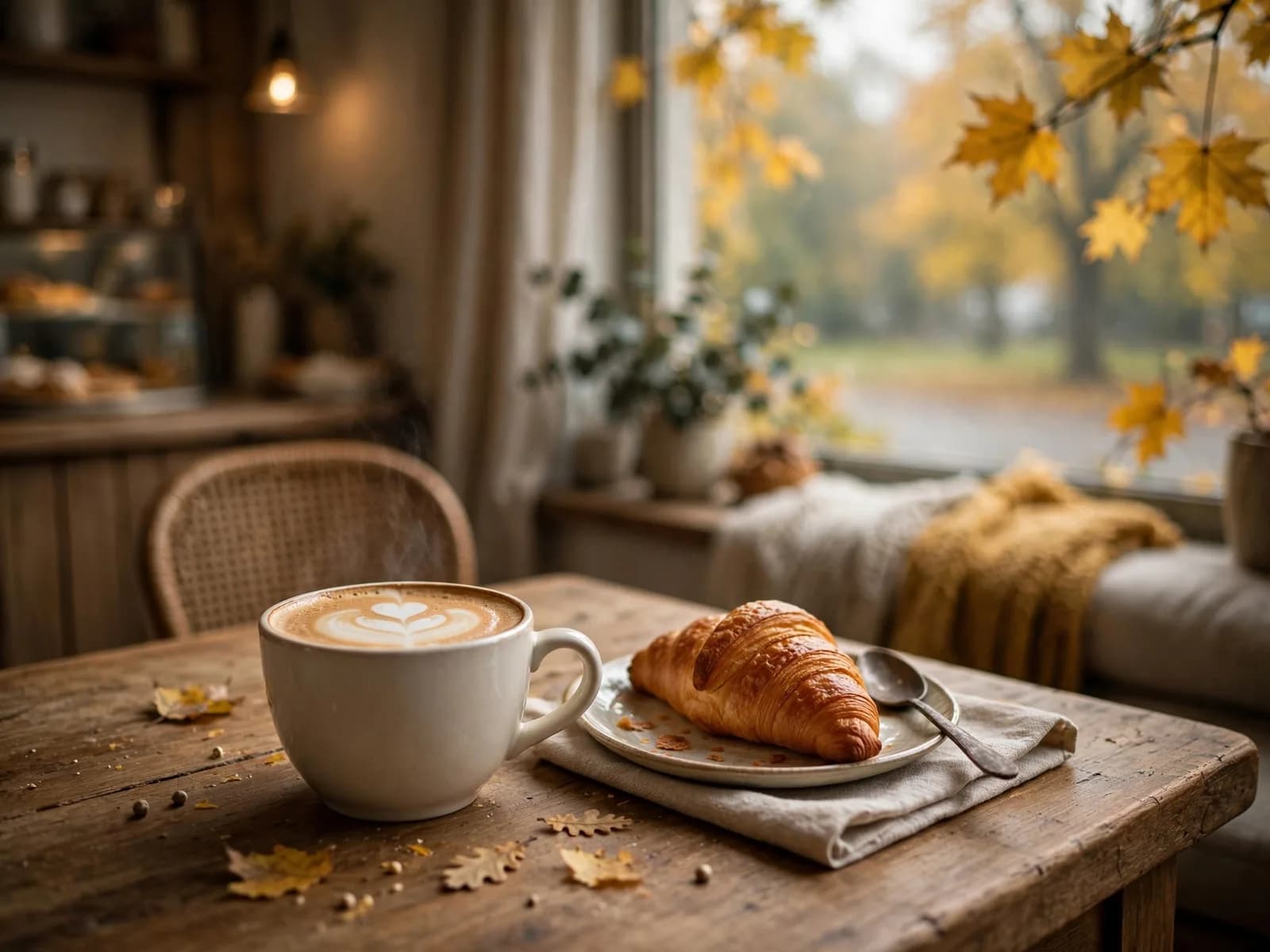 Latte and croissant on a wooden cafe table, autumn trees outside