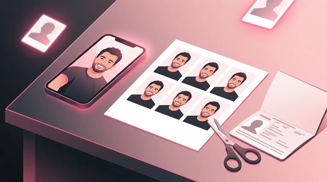 A phone with a selfie next to a printed sheet of passport-style photos and scissors