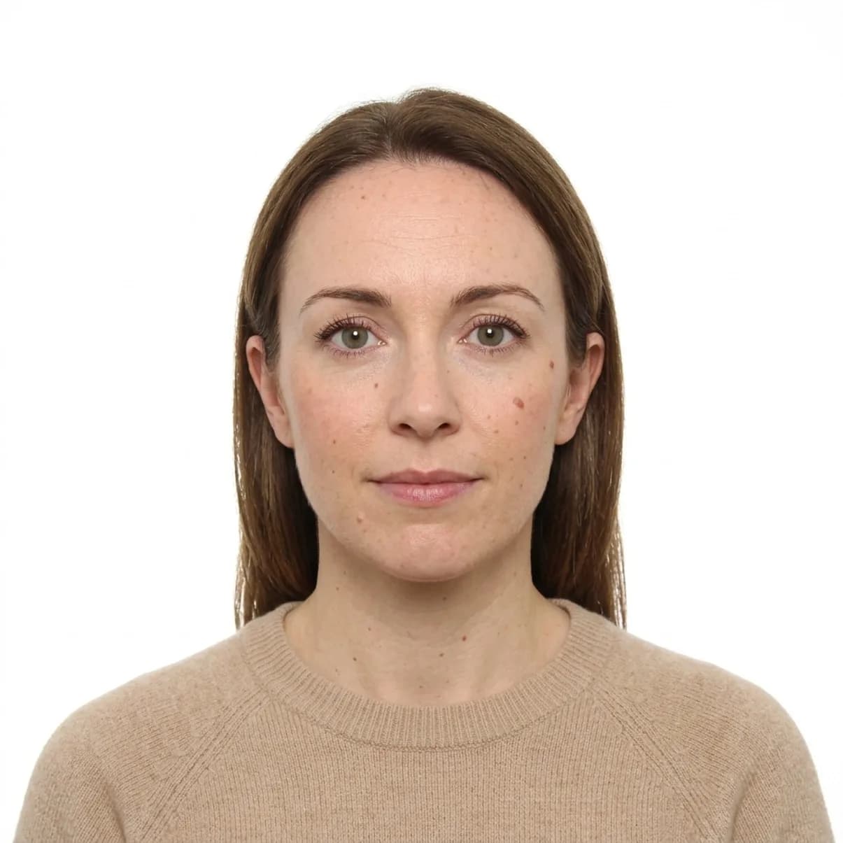 The same woman front-facing with a neutral expression on a white background