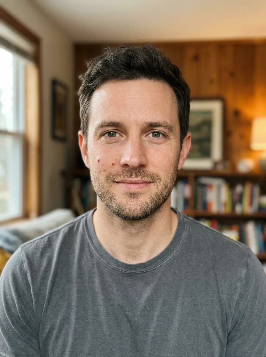 Bearded man in a grey T-shirt in front of bookshelves