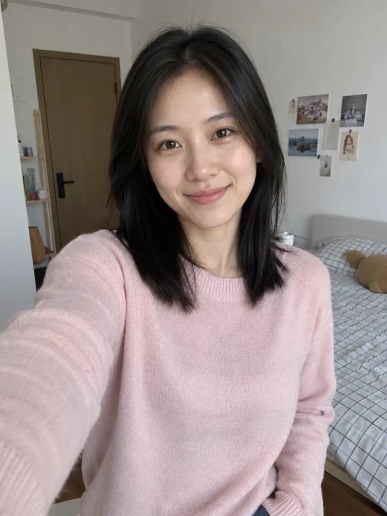 穿浅粉色毛衣的女生在家里的自拍
