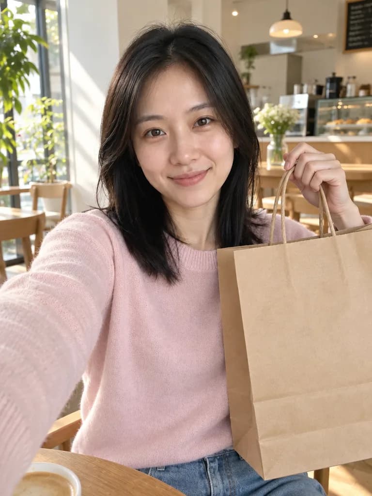 同一个女生在明亮的咖啡馆里拿着素色牛皮纸购物袋