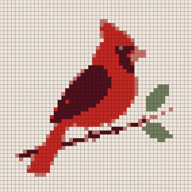 C2C crochet chart of a red cardinal on a branch with green leaves
