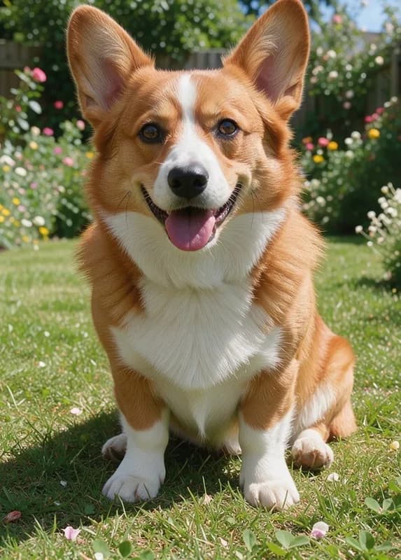 Smiling red and white corgi sitting on the grass in a flower garden