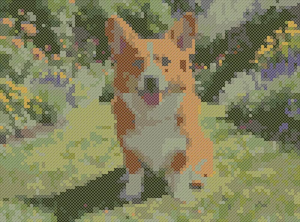 Cross-stitch preview of the whole photo: a small dog, a background of green stitches and a grey-green chest