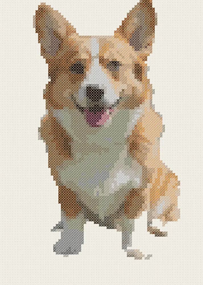 Cross-stitch preview with the background left unstitched: only the dog, surrounded by bare fabric