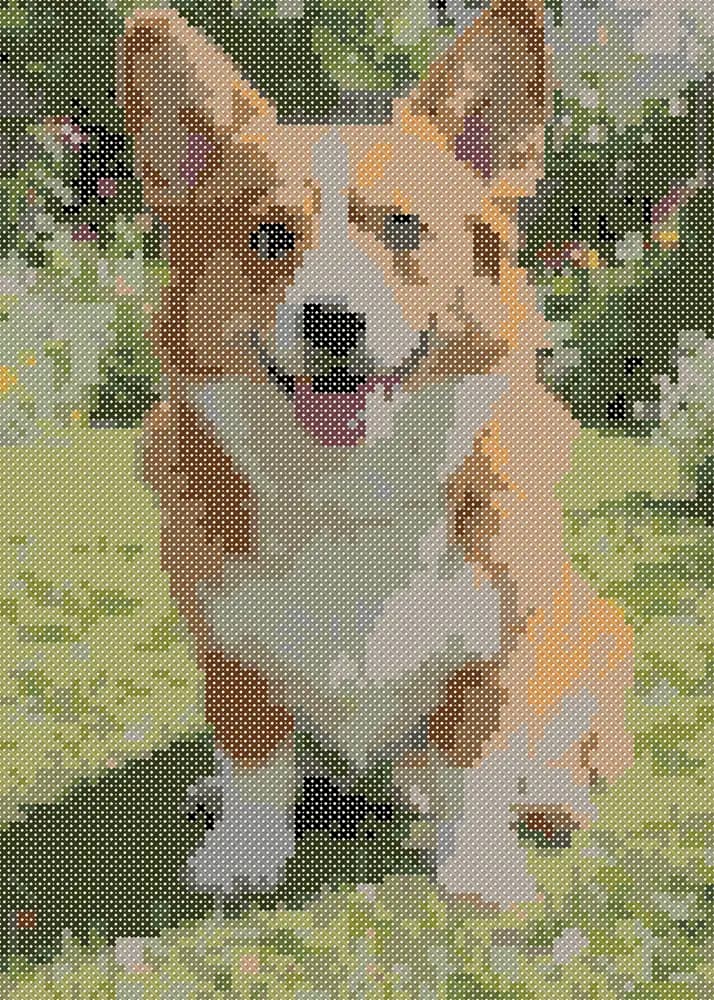 Cross-stitch preview of the cropped photo: the corgi fills the frame, eyes, tongue and white chest are clear