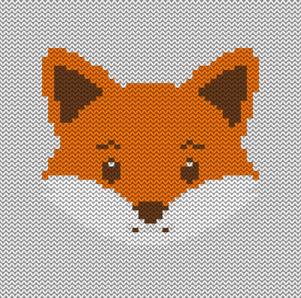 Knitted colorwork preview of a fox face on a light background
