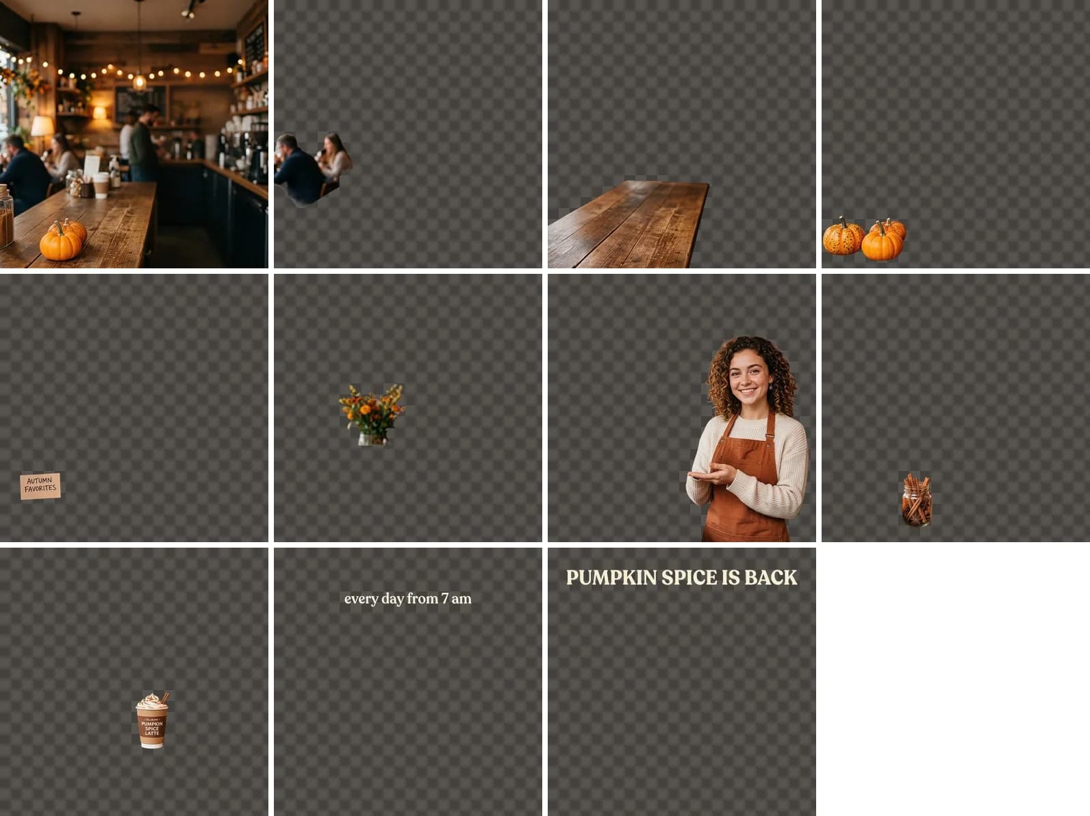 Eleven separated layers on a transparent checkerboard: café background, guests, counter, pumpkins, sign, bouquet, barista, cinnamon jar, latte cup and two text lines