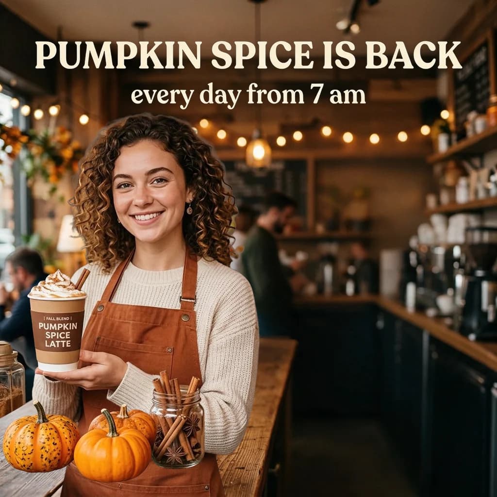 Same ad rearranged: barista on the left, pumpkins in front of her, sign removed