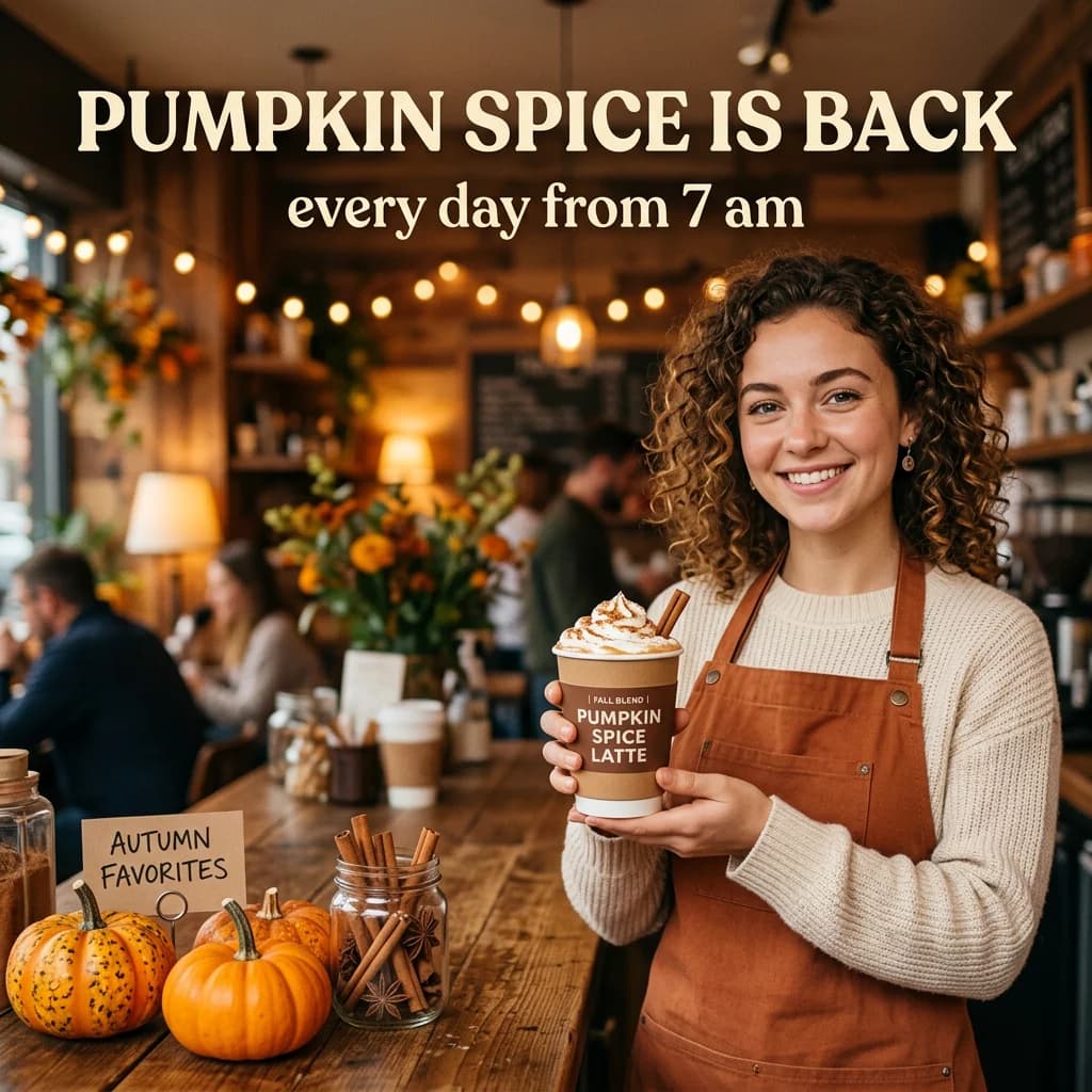 Coffee shop ad reading Pumpkin Spice Is Back: a smiling barista holds a latte, pumpkins on the counter