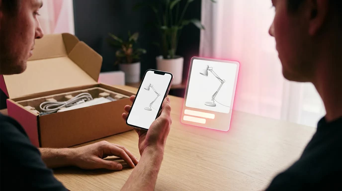 A phone showing a product image beside a floating translated version of the same picture