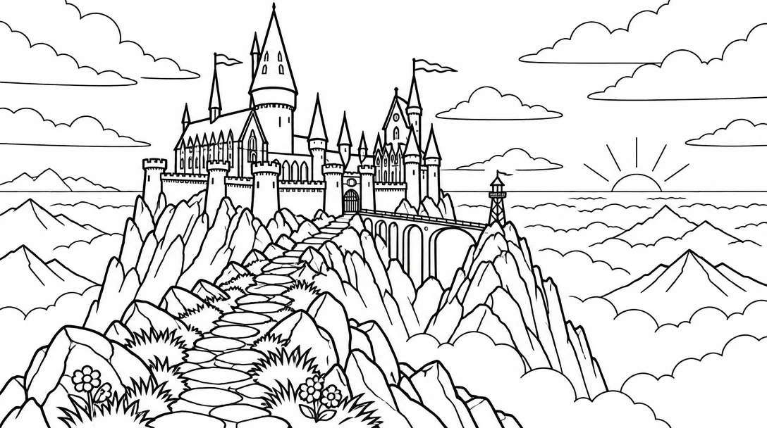 Castle picture → line-art coloring page