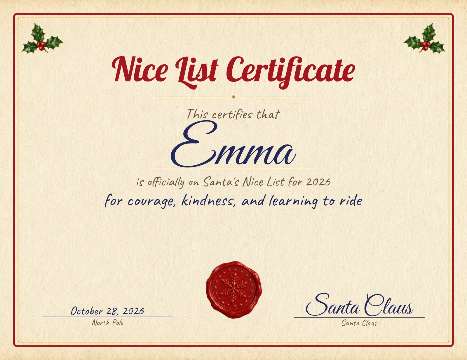 Nice List certificate for Emma