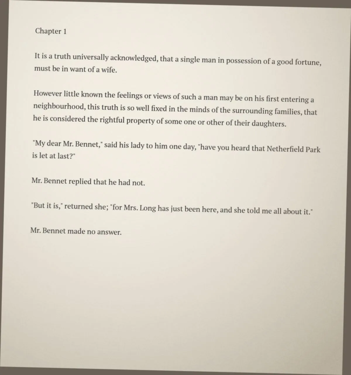 Phone photo of the first page of Pride and Prejudice