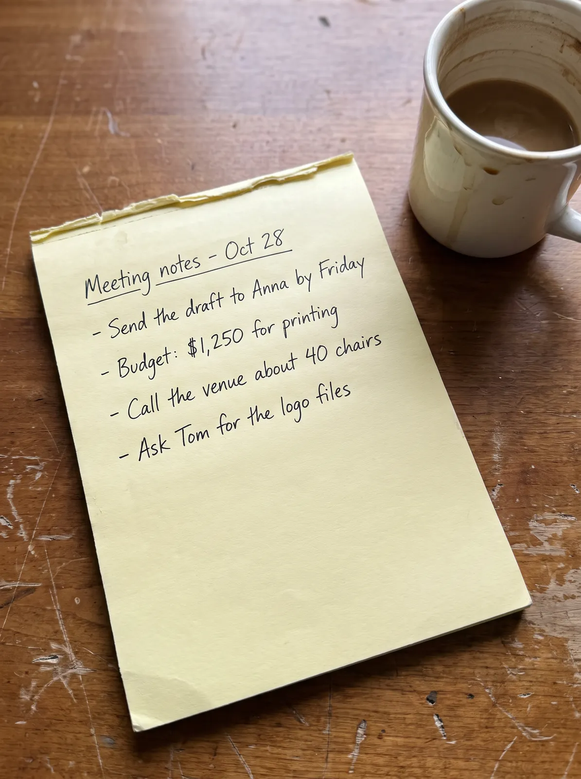 Photo of handwritten meeting notes