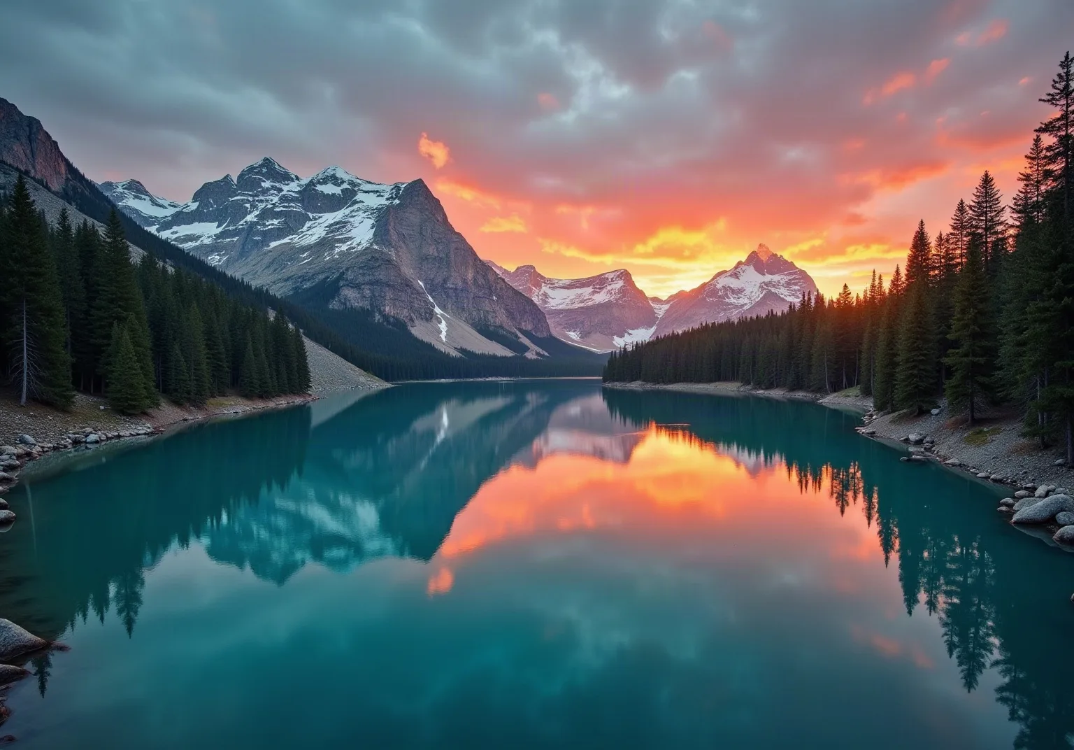 Mountain lake panorama at sunrise