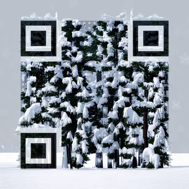 QR code painted as a snowy winter forest