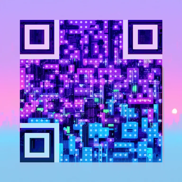 QR code painted as a neon cyberpunk city